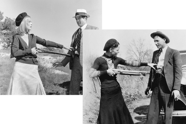 Bonnie Parker und Clyde Barrow 1932 „im Original“ (rechts) und in der Verfilmung von 1967 mit Faye Dunaway sowie Warren Beatty